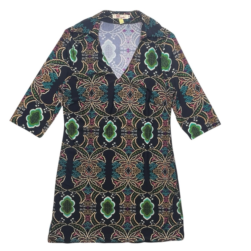 Anthro Aryeh Liquid Knit Mini Dress Size S Collar Colorful Ethnic Career Stretch